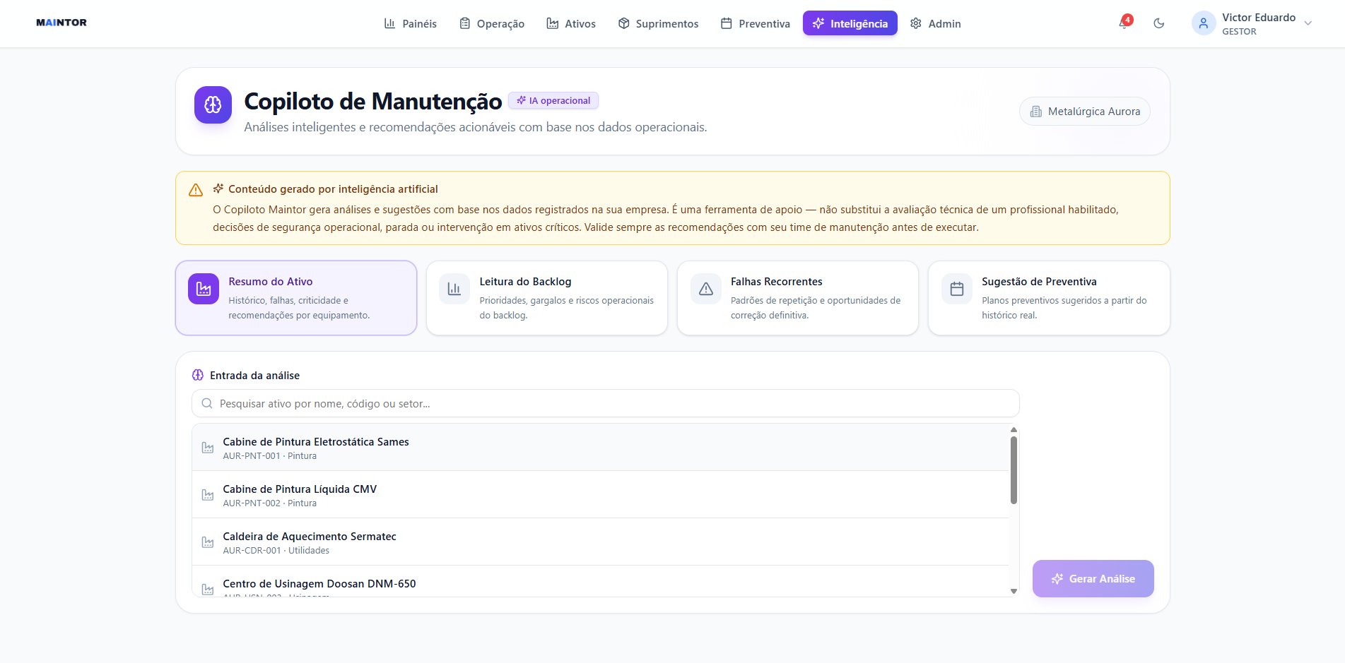 Copiloto de manutenção respondendo com dados da planta